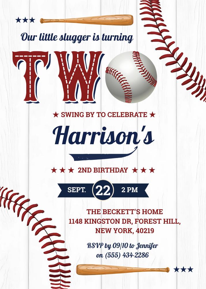 Boys Baseball 2nd Birthday Invitation Template | Editable Canva Invite