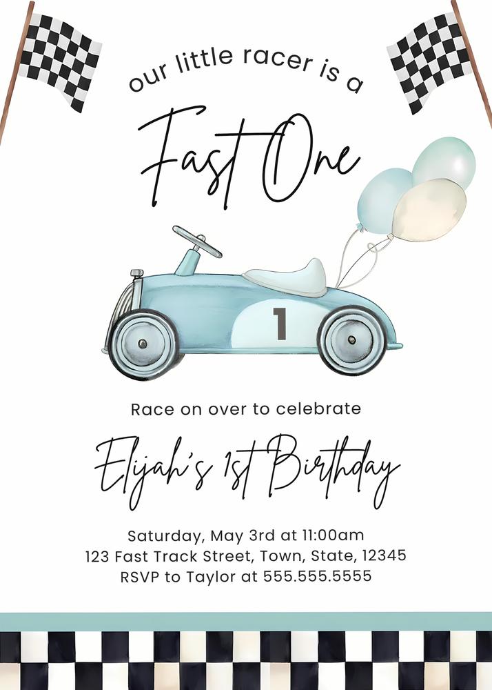 Fast One Birthday Invitation | Race Car 1st Birthday Canva Template
