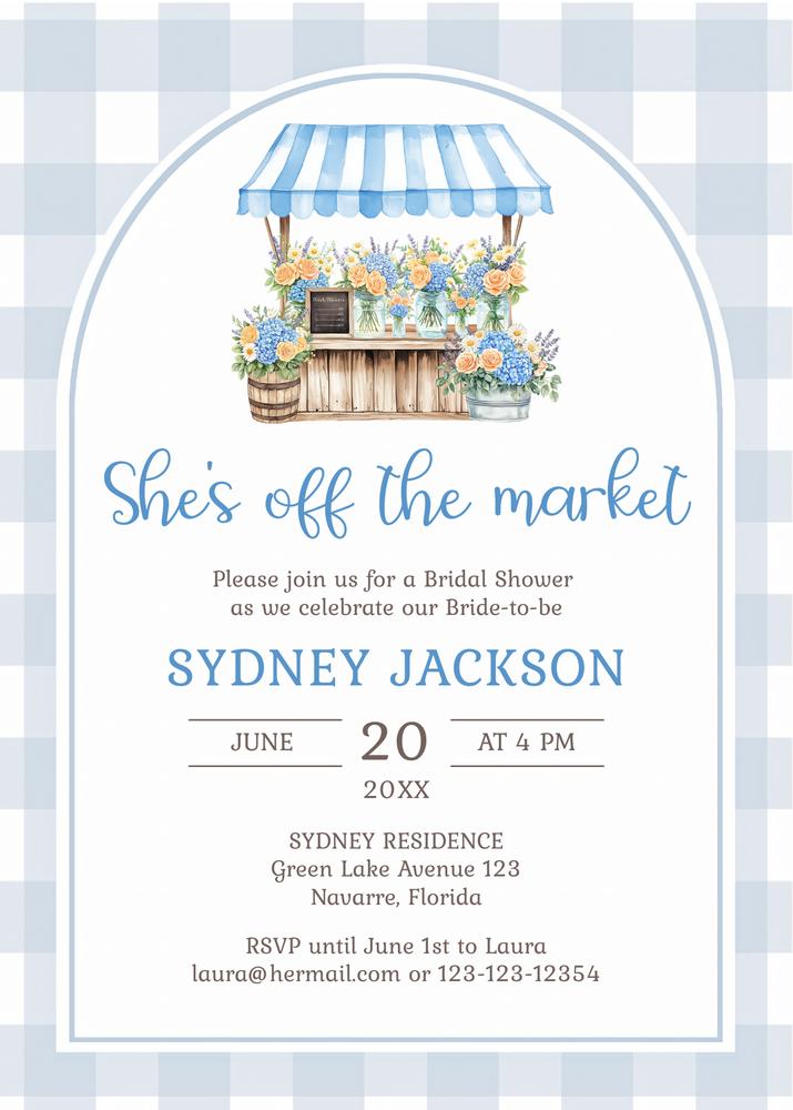 Fresh Off the Market Bridal Shower Invite | Blue Rustic Canva Template