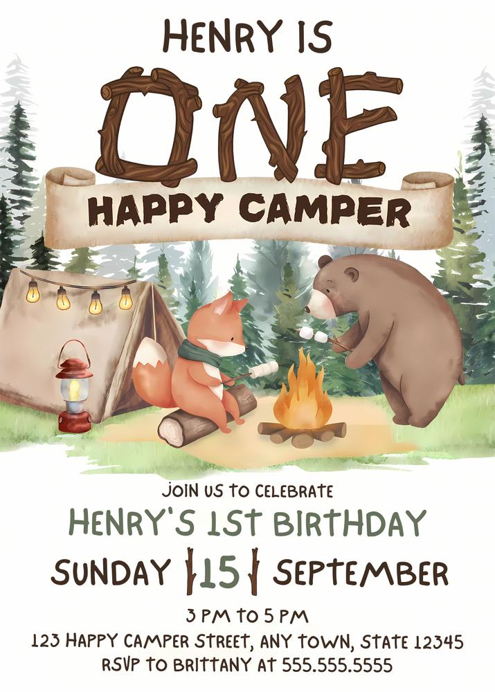 One Happy Camper Birthday Invitation | Editable Canva Template | 1st Birthday