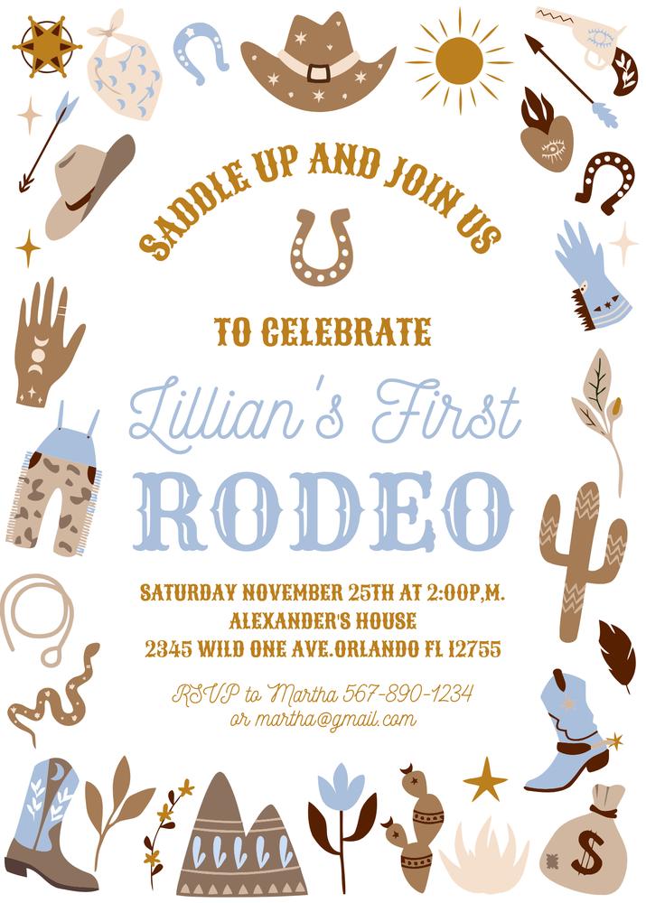 Editable Western First Rodeo Birthday Invite | Blue Wild West Cowboy Template
