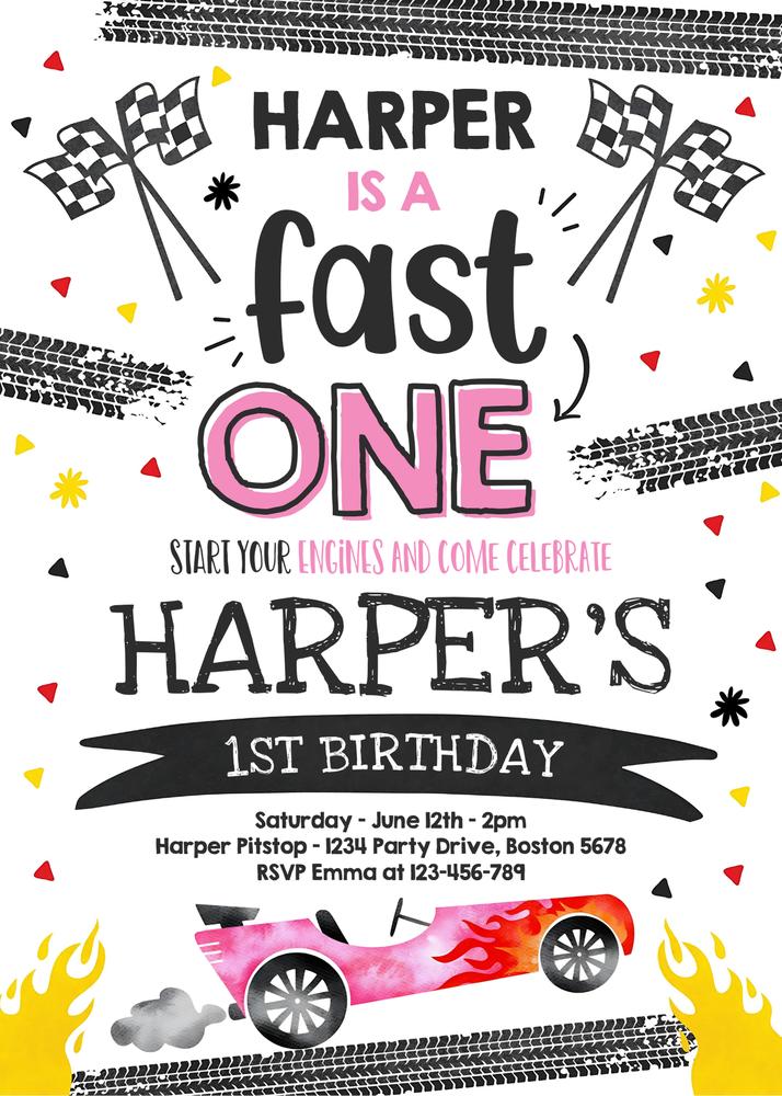 Fast One Race Car Girl 1st Birthday Invitation | Pink Racing Canva Template