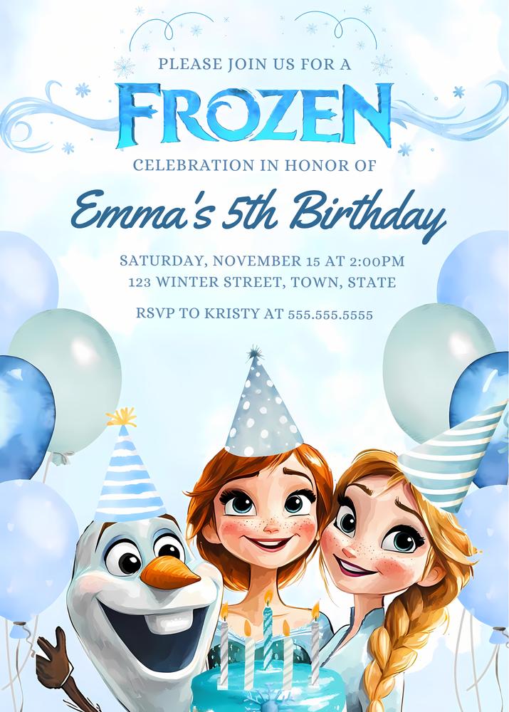 Frozen Birthday Invitation Template - Editable Canva Kids Party Invite