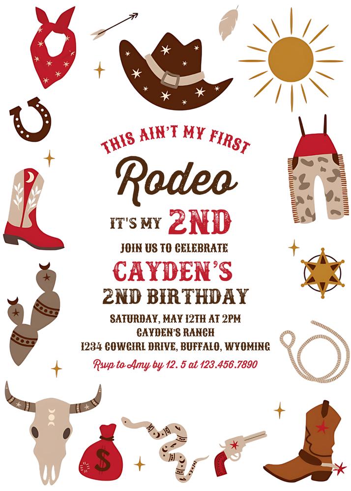 Second Rodeo 2nd Birthday Invitation | Red Wild West Cowboy Canva Template