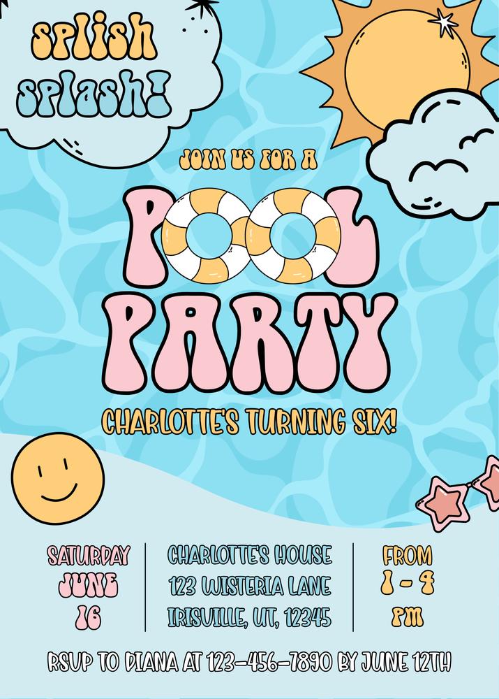 Retro Pool Party Invitation | Editable Summer Birthday Invite Canva Template