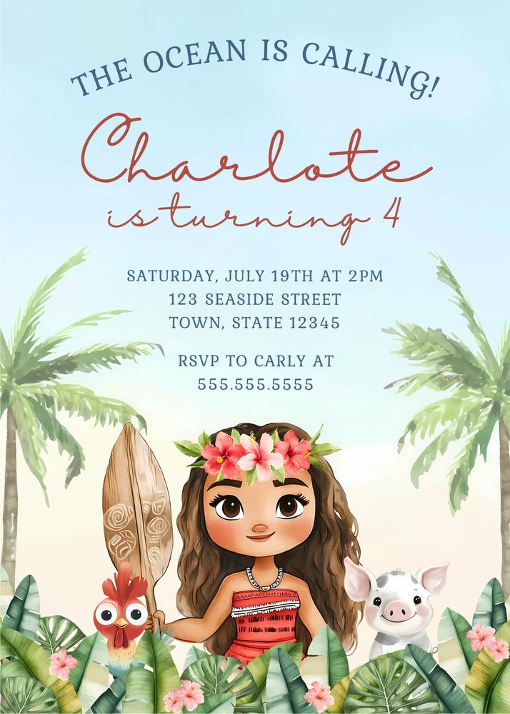 Editable Moana Birthday Invitation Template | Tropical Princess Party Invite