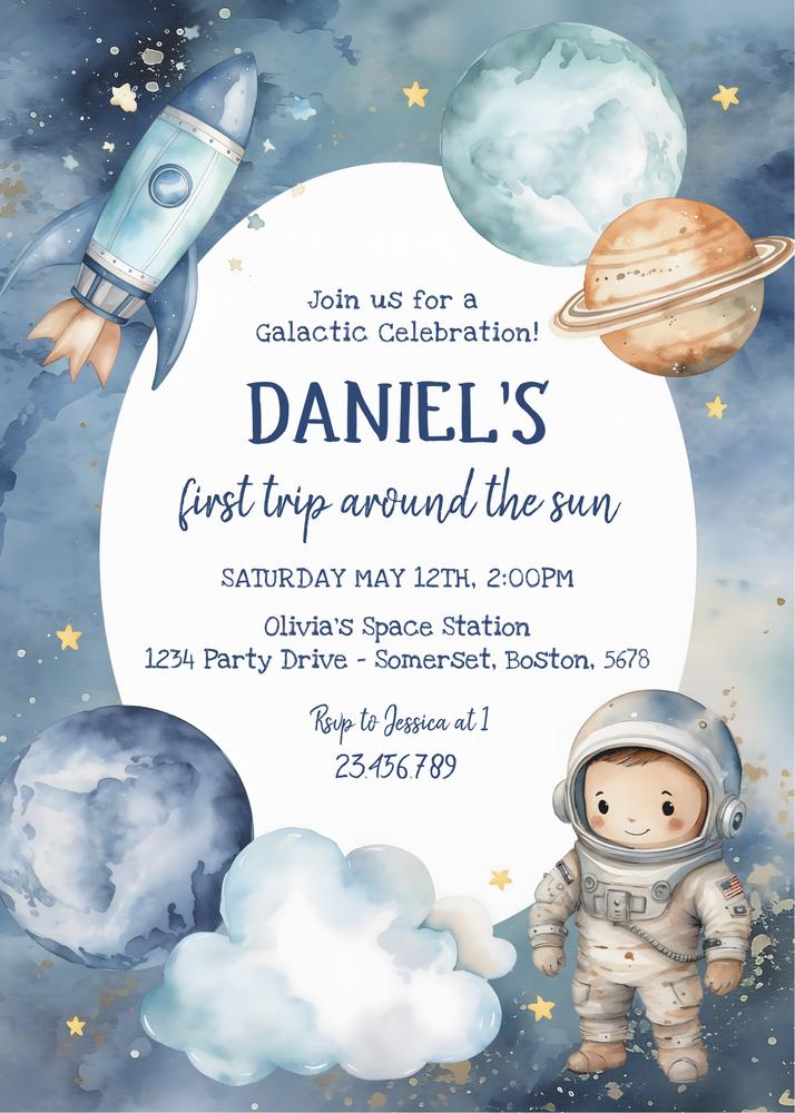 Space First Trip Around the Sun Birthday Invitation Canva Template