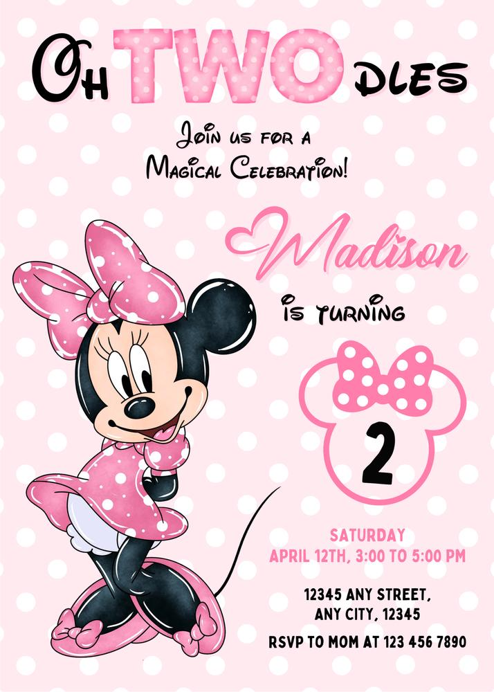 Oh Twodles Minnie Mouse 2nd Birthday Invitation | Editable Canva Template