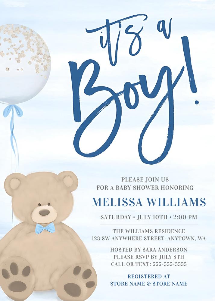 Editable Boy Baby Shower Invitation | Teddy Bear & Blue Balloons Canva Template