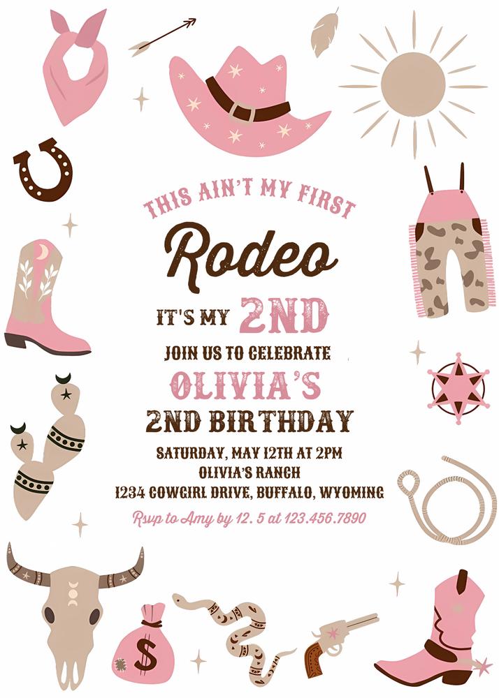 Second Rodeo 2nd Birthday Invitation | Editable Western Cowgirl Canva Template