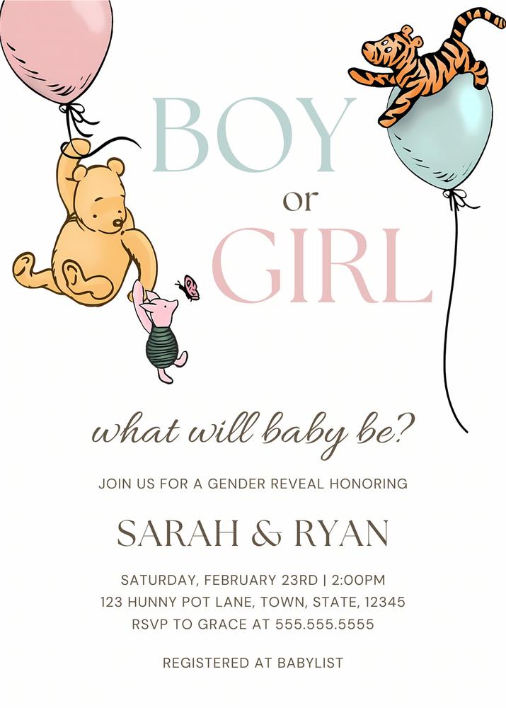 Winnie the Pooh Gender Reveal Invitation | Editable Canva Template DIY