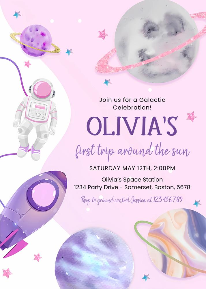 Outer Space Girl Astronaut Birthday Invitation | Editable Canva Template