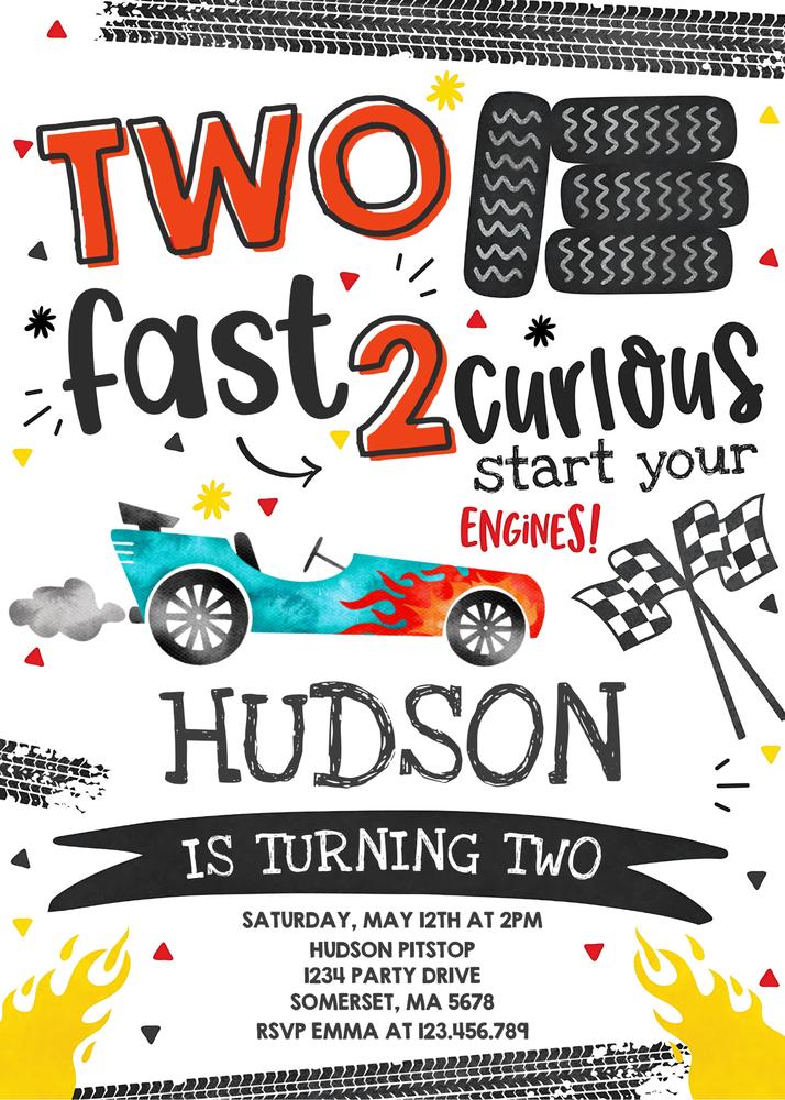 Two Fast Two Curious Race Car 2nd Birthday Invitation | Editable Canva Template