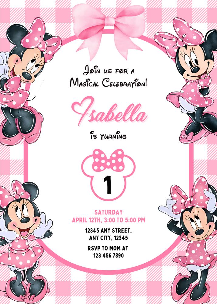 Minnie Mouse Pink Birthday Invite | Watercolor Floral Girls Editable Template
