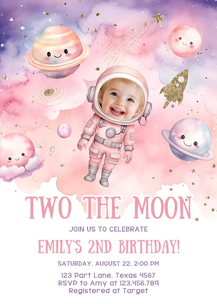 Two the Moon Space Girl Birthday Invitation | Editable Canva Astronaut Template