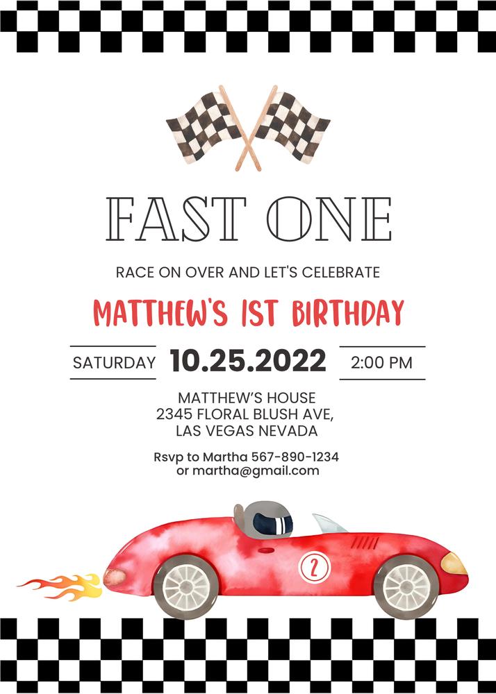Fast One Two Fast Race Car 1st Birthday Invitation | Editable Canva Template