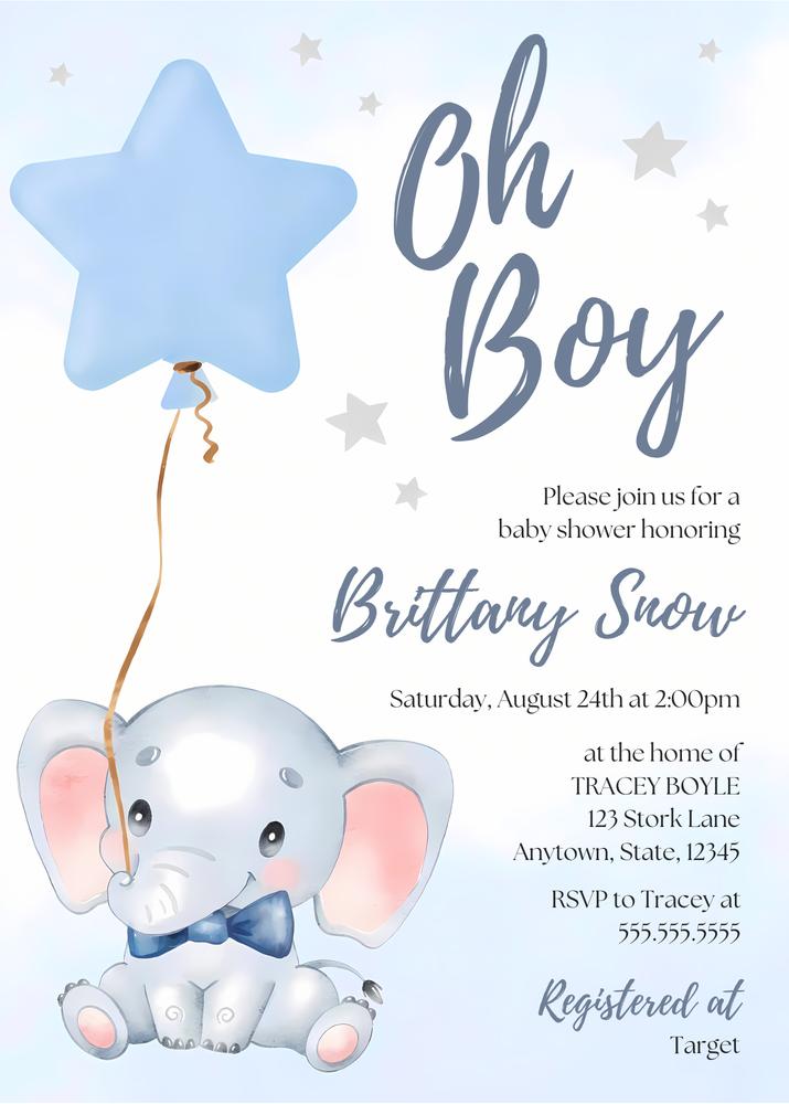 Editable Blue Elephant Baby Shower Invitation Template for Boys | Canva DIY