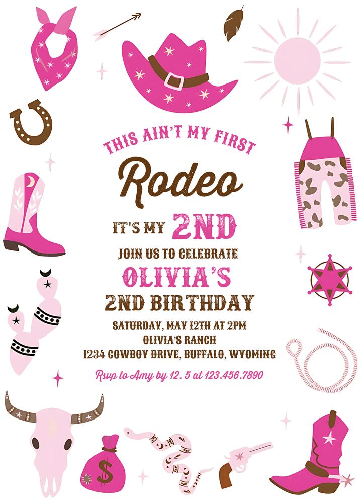 Editable Cowgirl First Rodeo Birthday Invitation - Hot Pink Western 1st Birthday