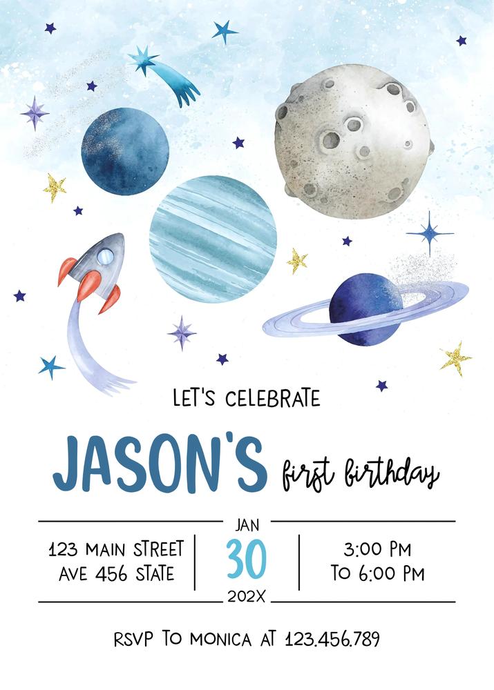 First Trip Around the Sun Astronaut Birthday Invitation | Editable Canva Template