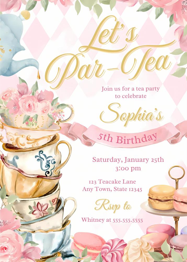 Tea Party Birthday Invitation Template | Editable Canva Pink Floral Invite