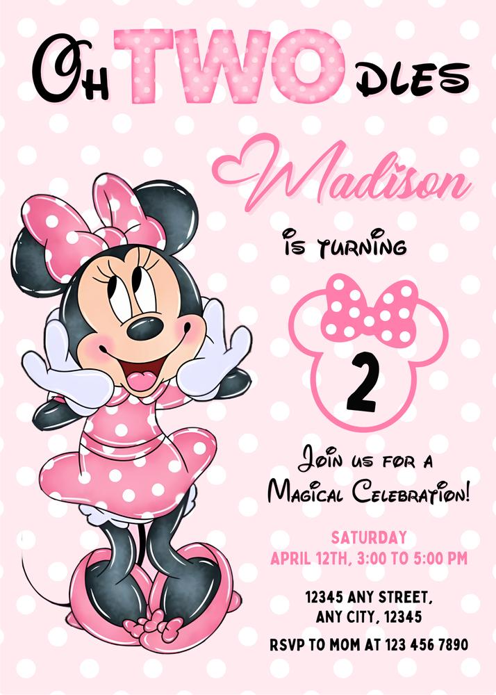 Oh Twodles Minnie Mouse 2nd Birthday Invitation | Editable Canva Template