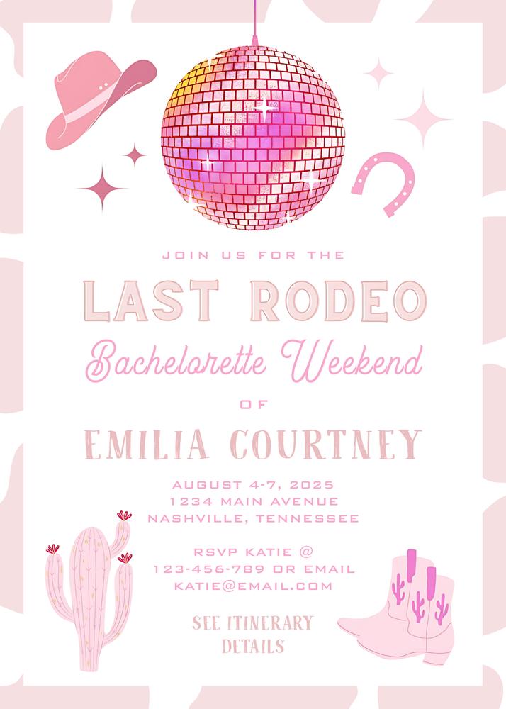 Pink Disco Cowgirl Bachelorette Invitation | Editable Last Rodeo Canva Template