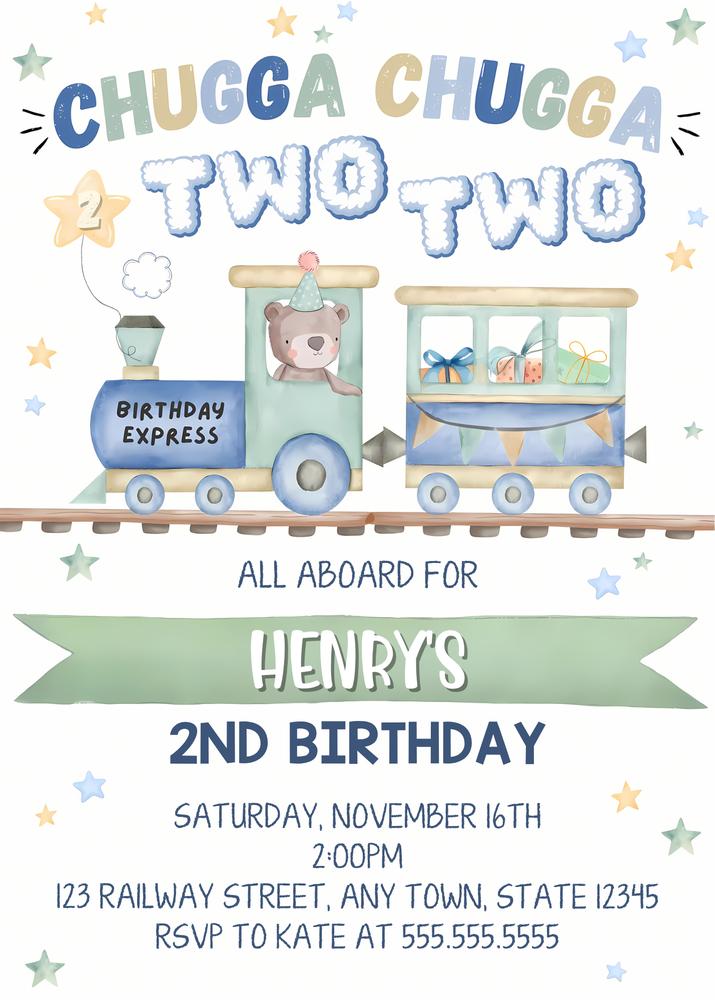 Editable Train 2nd Birthday Invitation | Chugga Chugga Two Two Canva Template