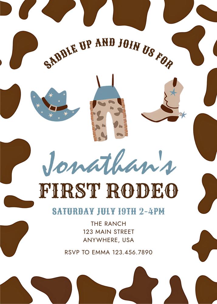 Blue First Rodeo 1st Birthday Invitation | Western Cowboy Canva Template
