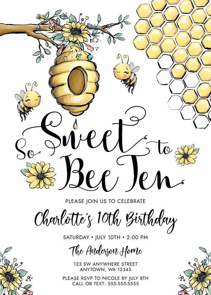 Floral Beehive 10th Birthday Invitation | Editable Canva Template Honey Bee