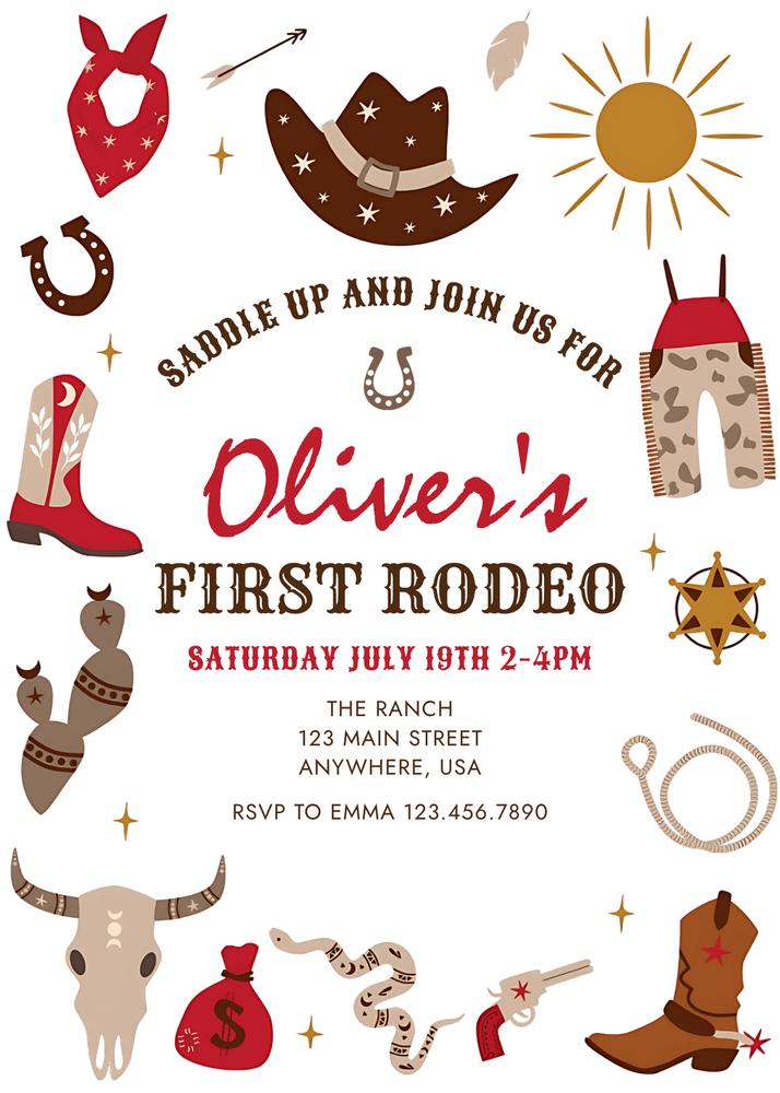 First Rodeo 1st Birthday Invitation | Western Cowboy Canva Template