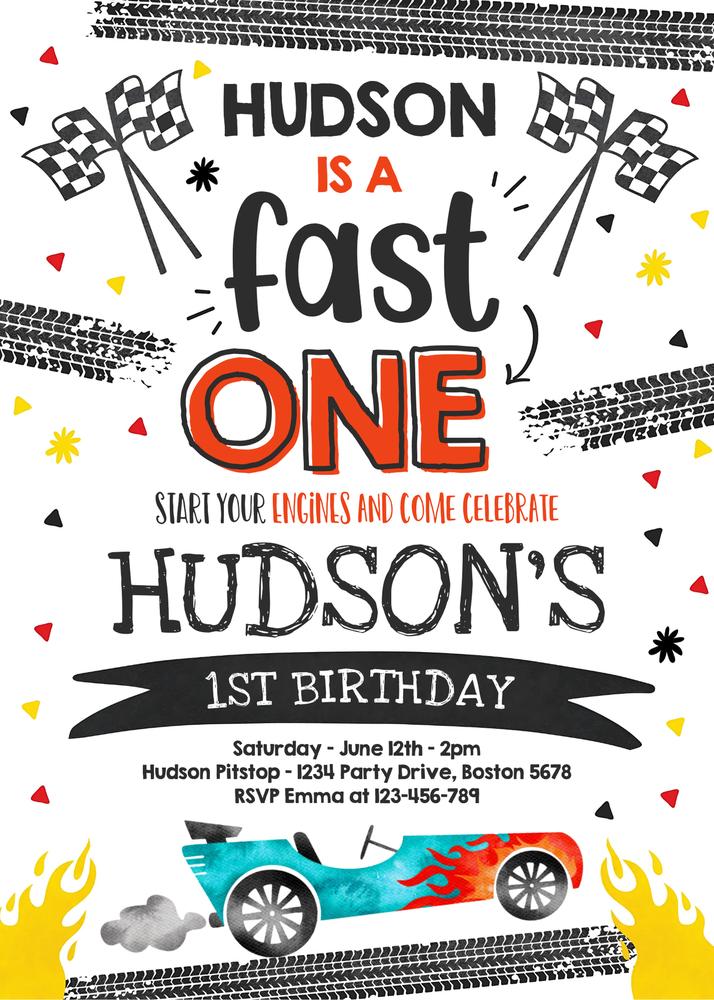 Fast One Race Car 1st Birthday Invitation | Editable Canva Template for Boys