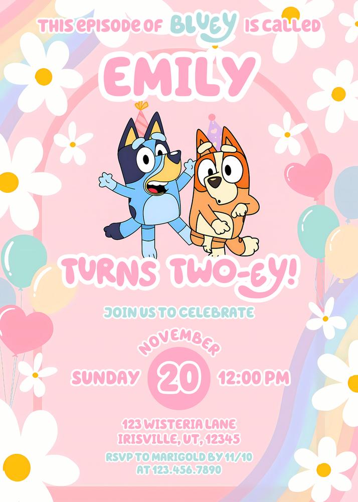Editable Pink Daisy Cartoon Birthday Invitation | Cute Girl Party Canva Template