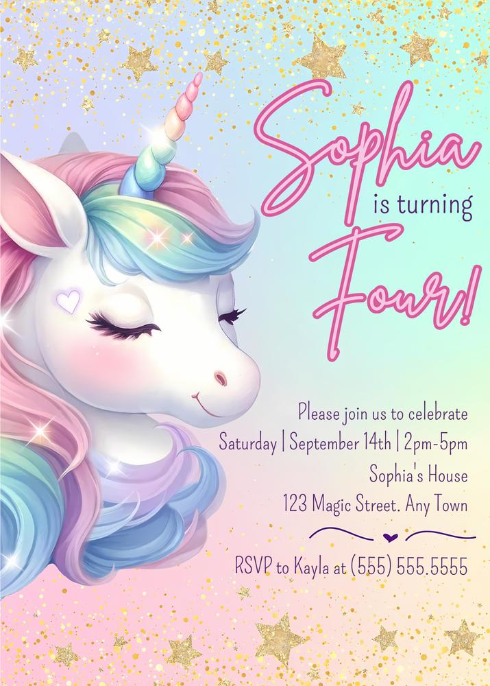 Editable Unicorn Birthday Invitation Template | Magical Rainbow Canva Invite