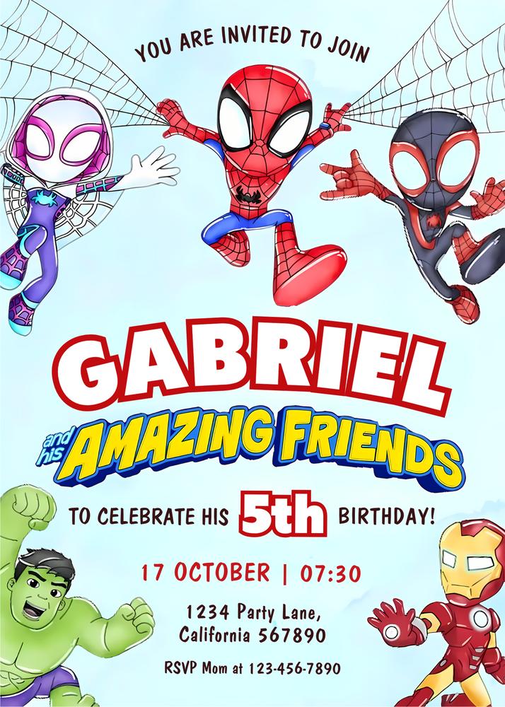 Spidey and His Amazing Friends Birthday Invitation - Editable Canva Template