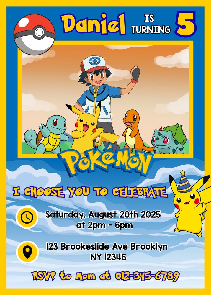 Editable Pikachu Birthday Invitation | Pokemon Kids Party Invite Canva Template