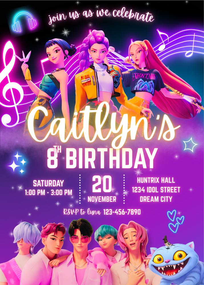 Kpop Demon Hunter Birthday Invitation | Editable Canva Template | Cyberpunk DIY
