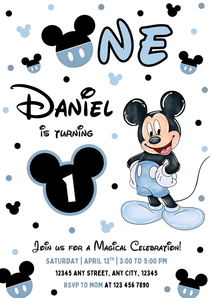 Mickey Mouse 1st Birthday Invitation | Editable Canva Template Boy
