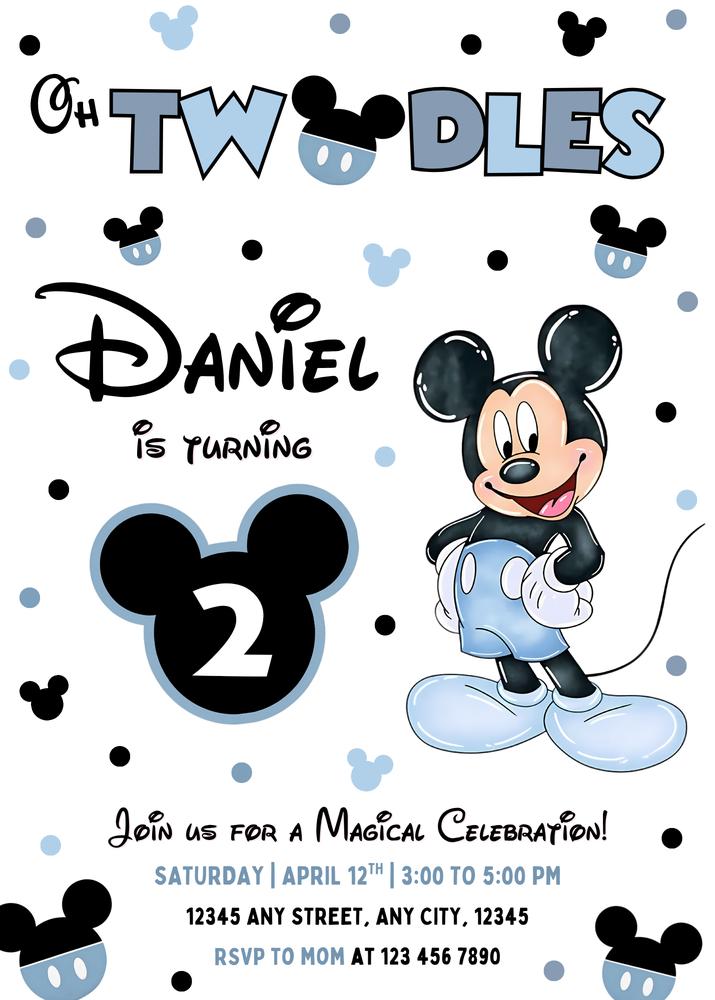 Blue Oh Twodles Mickey Mouse 2nd Birthday Invitation | Editable Canva Template