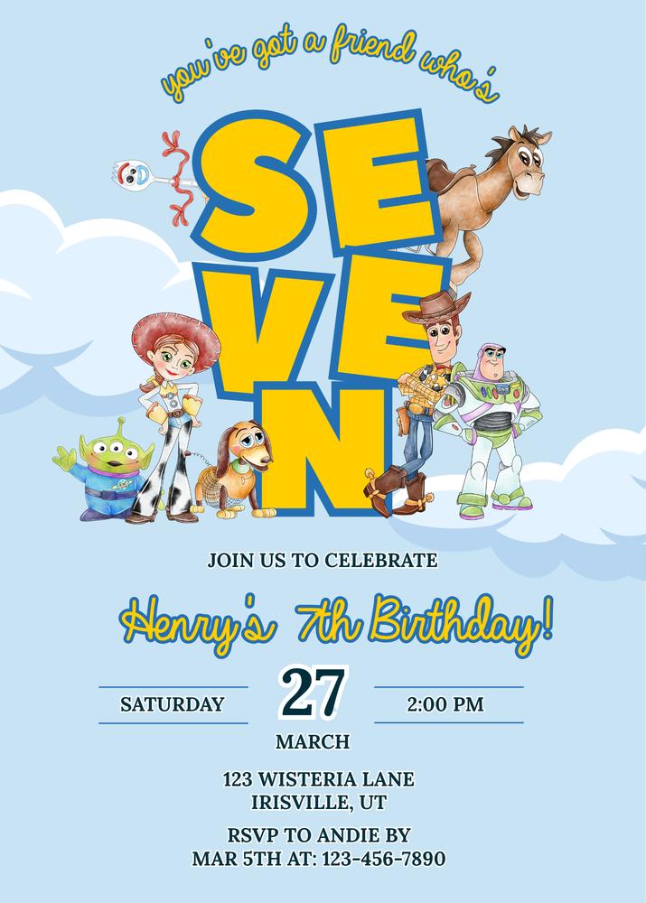 You’ve Got a Friend Whos SEVEN Toy Story 7th Birthday Invitation Canva Template