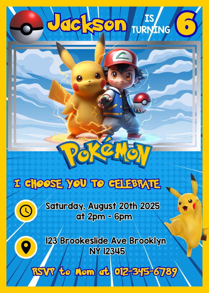 Pikachu Birthday Invitation Template | Editable Pokemon Party Invite for Kids