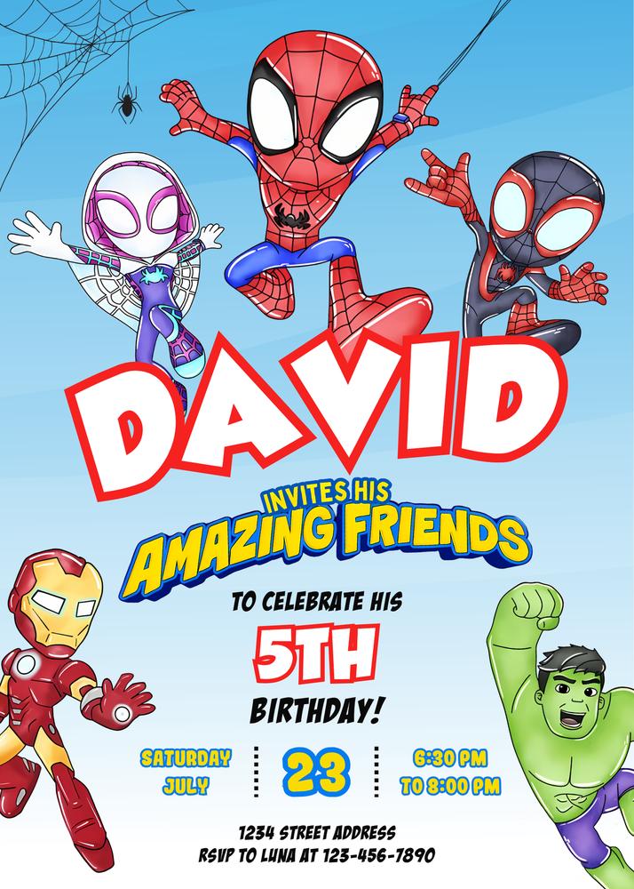 Watercolor Spidey and His Amazing Friends Birthday Invitation Canva Template