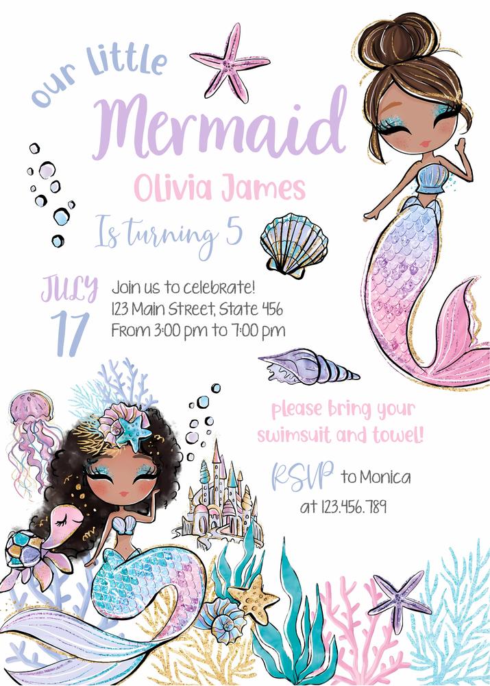 Mermaid Birthday Invitation Template | Editable Under the Sea Party Invite