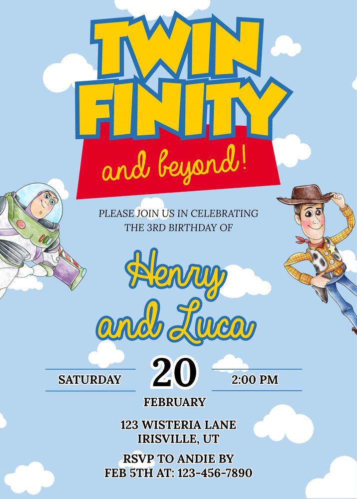 Twins Toy Story Birthday Invitation | Editable Canva Template Infinity & Beyond
