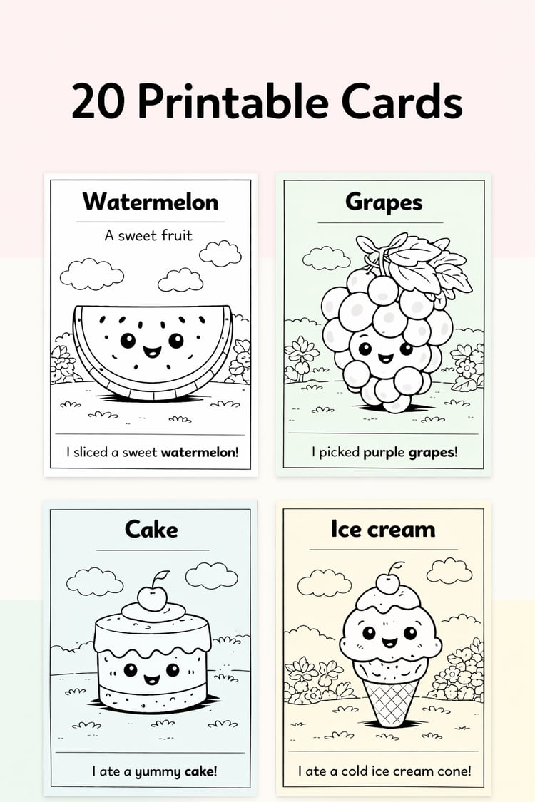 Fun Food Pack – Kids Vocabulary Coloring Cards (20 Printable Flashcards)