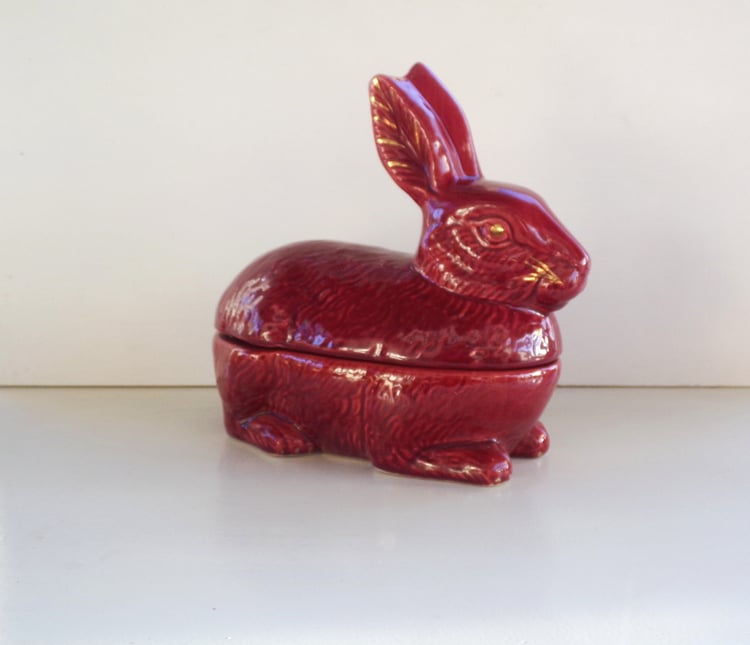 Red Rabbit Faience Terrine signed Caugant