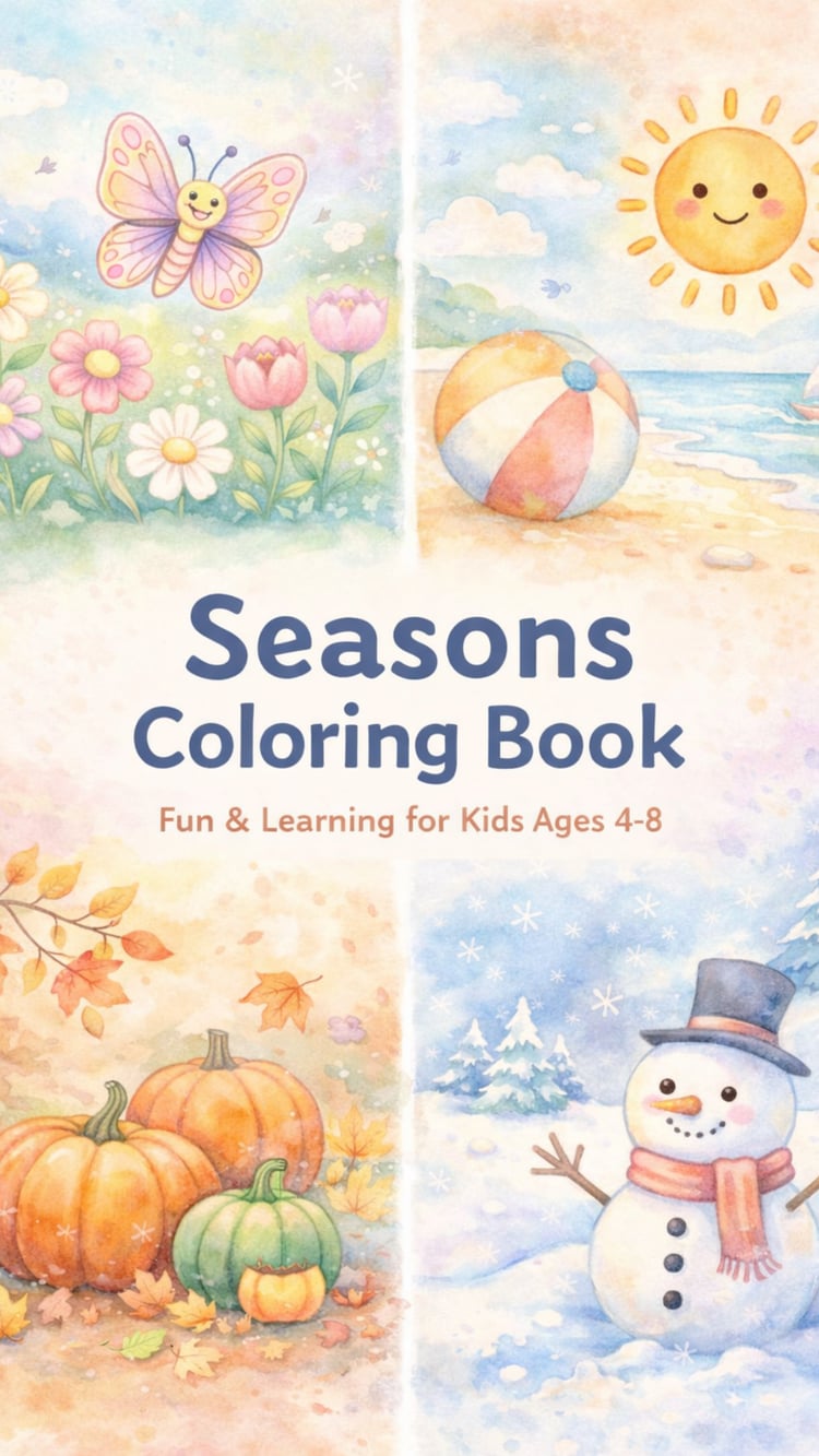 Kids seasons coloring book cover featuring spring flowers and butterfly, summer beach with sun and ball, autumn pumpkins, and winter snowman. Soft watercolor style educational activity book for children ages 4–8.