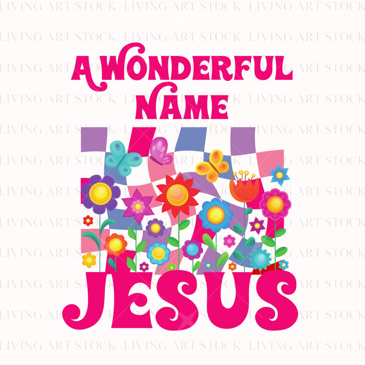 Pink retro font text reading "A WONDERFUL NAME" and "JESUS" framing a central illustration of colorful butterflies, flowers, and a purple checkered pattern on a white background.