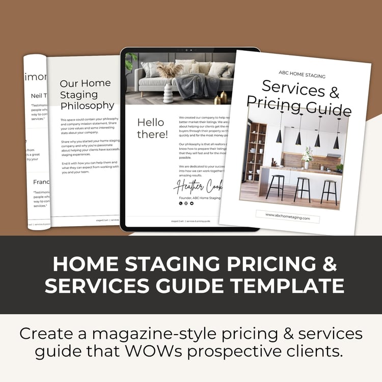 Home staging pricing and services guide template showing cover page, philosophy page, and welcome page with pre-written copy and customizable sections