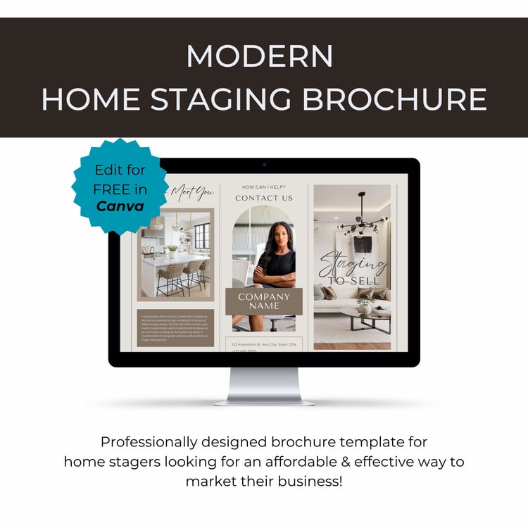 Customizable home staging brochure template shown on tablet in pink color scheme for leaving at staged properties to generate leads and referrals