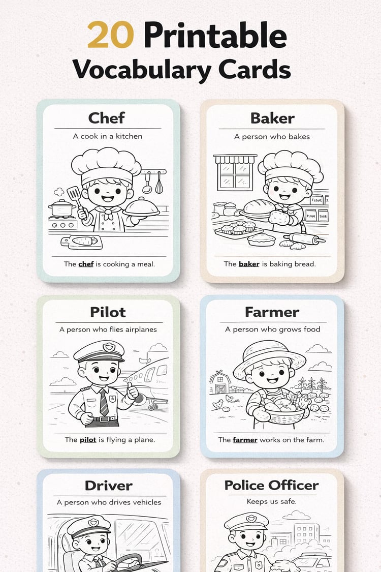 Jobs Coloring Vocabulary Cards – 20 Fun Printable Flashcards for Kids (Ages 3–7)